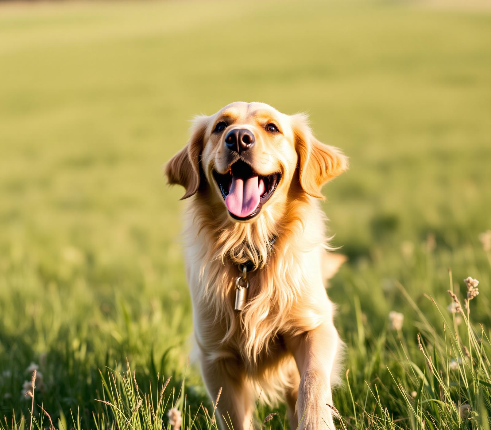 Happy golden retriever running through a sunlit meadow