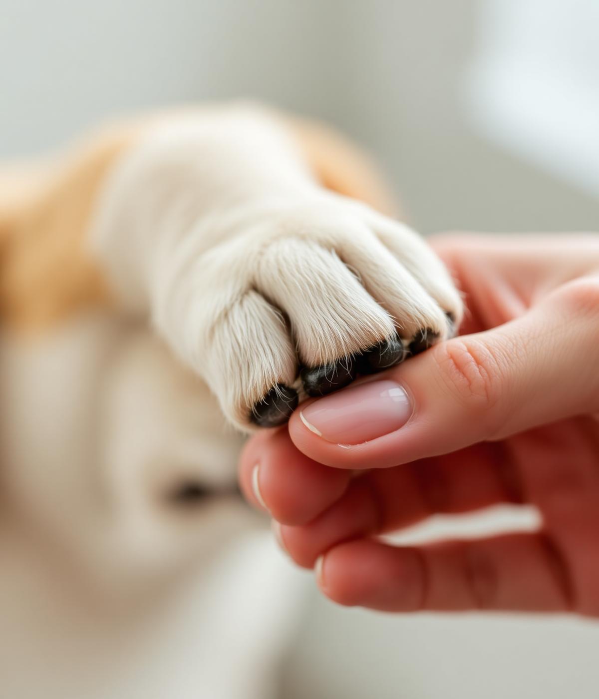 Human hand gently holding a dog's paw